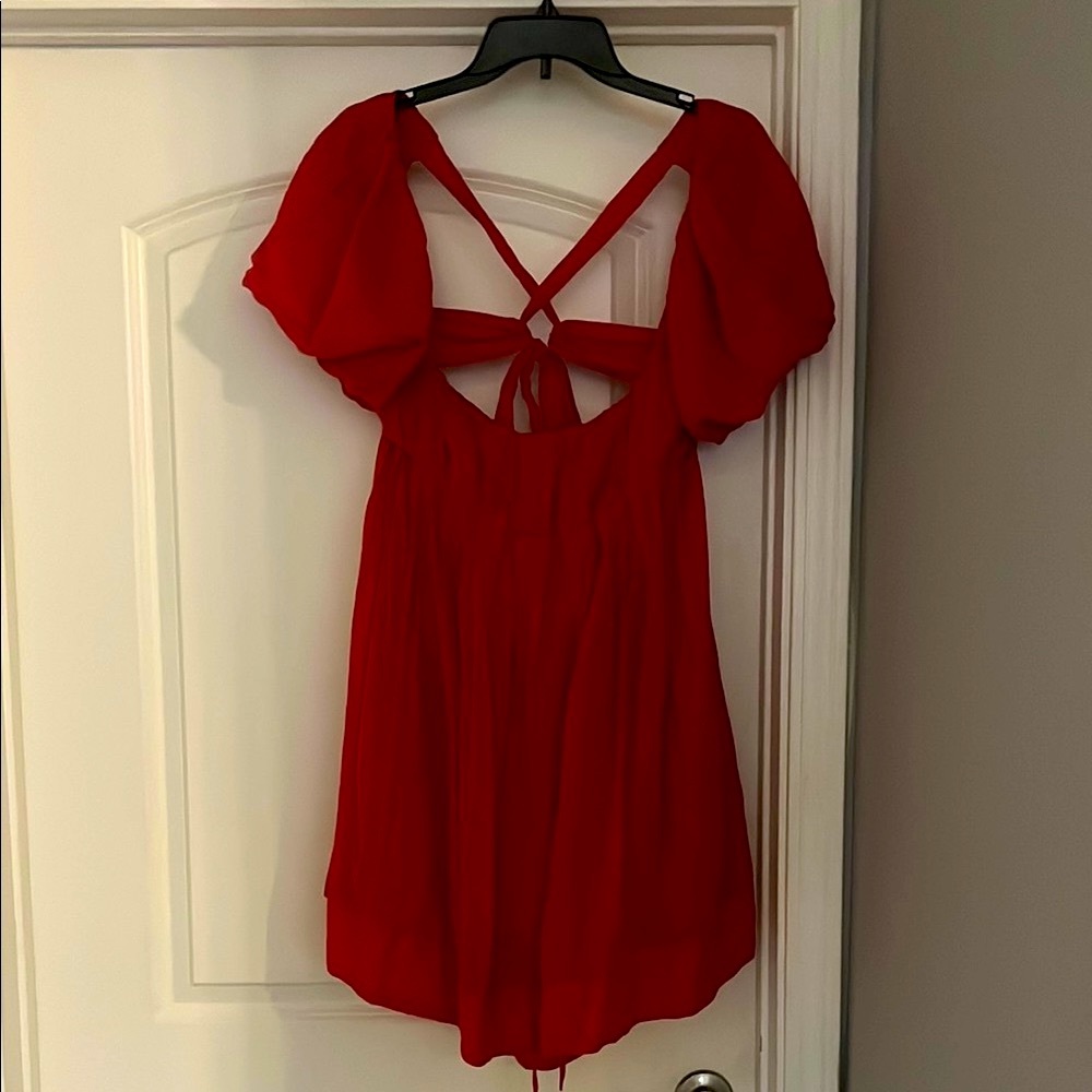 Free People Red Puff Sleeve Dress with beautiful tie strap open back